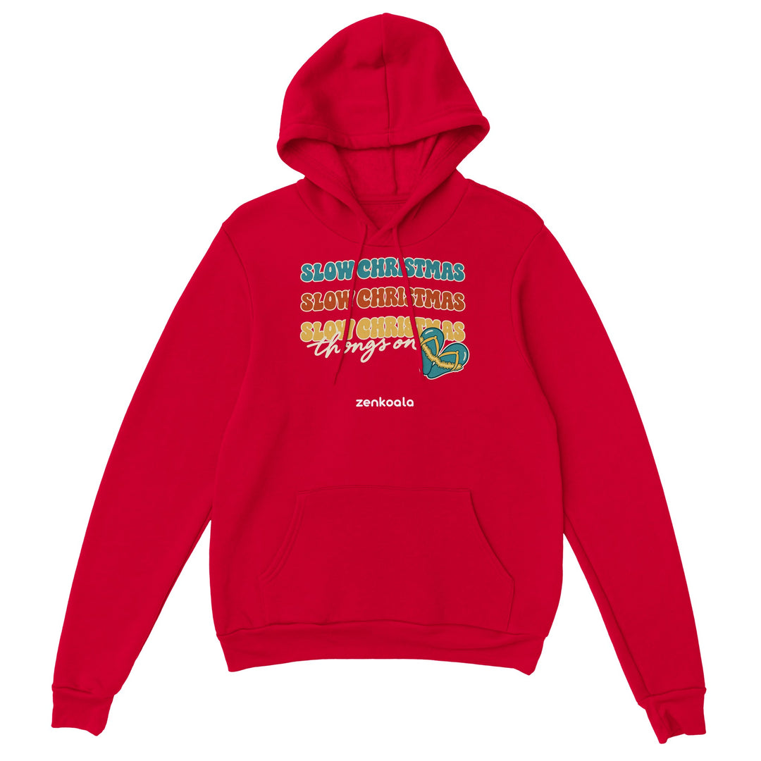 Slow Christmas Thongs On feel-good hoodie in red, Zen Koala Australia