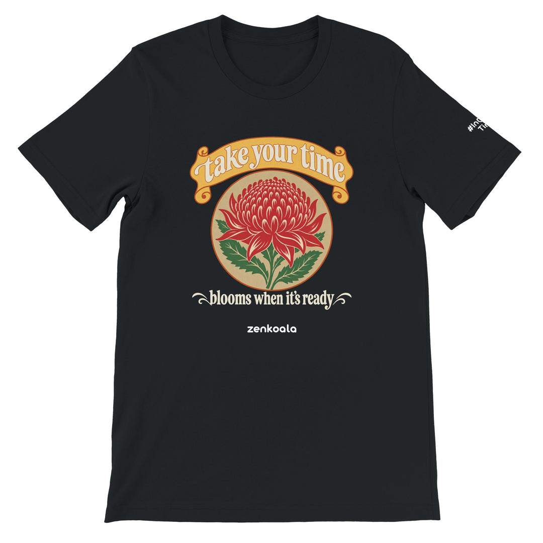 Take Your Time feel-good tee in black, Zen Koala Australia