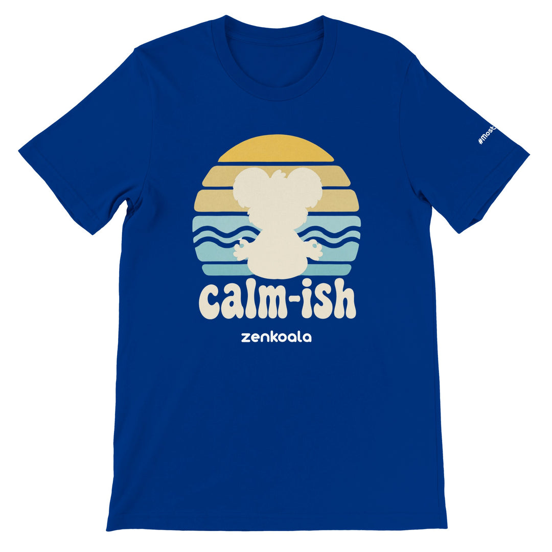 Calm-ish feel-good tee in true royal — a meditating koala silhouette against a retro 70s sunset, Zen Koala Australia