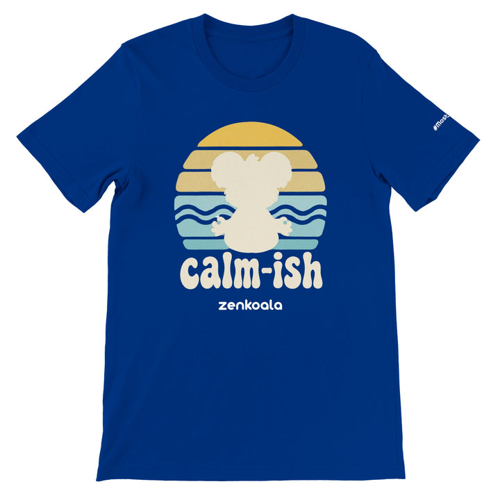 Calm-ish feel-good tee in true royal — a meditating koala silhouette against a retro 70s sunset, Zen Koala Australia