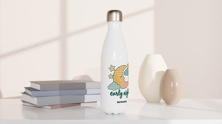 Early Night Moon water bottle beside books and vases, Zen Koala Australia