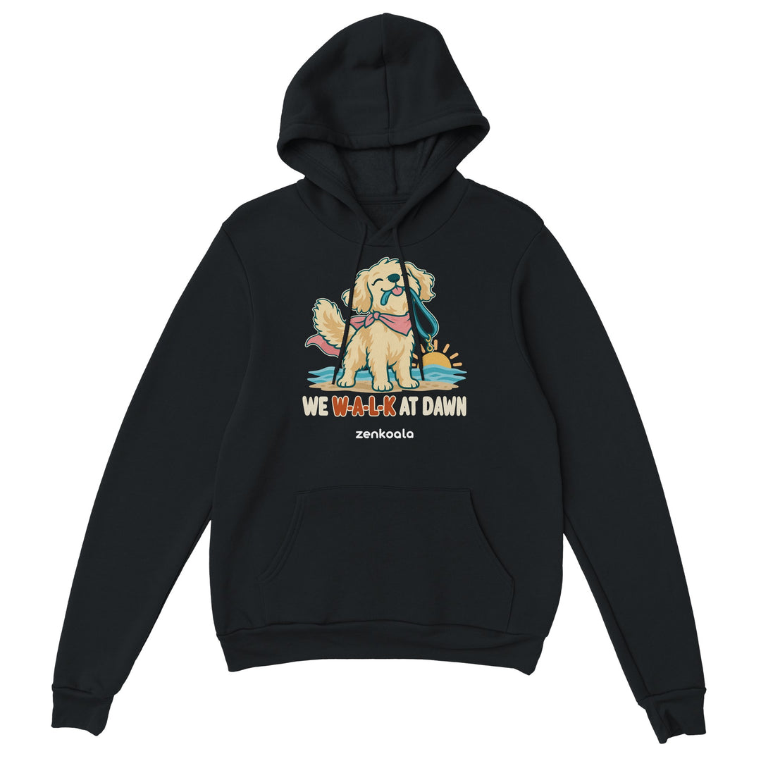 We Walk at Dawn feel-good hoodie in black, Zen Koala Australia