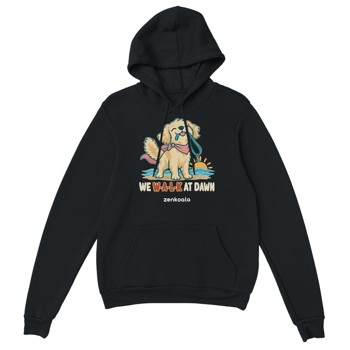 We Walk at Dawn feel-good hoodie in black, Zen Koala Australia