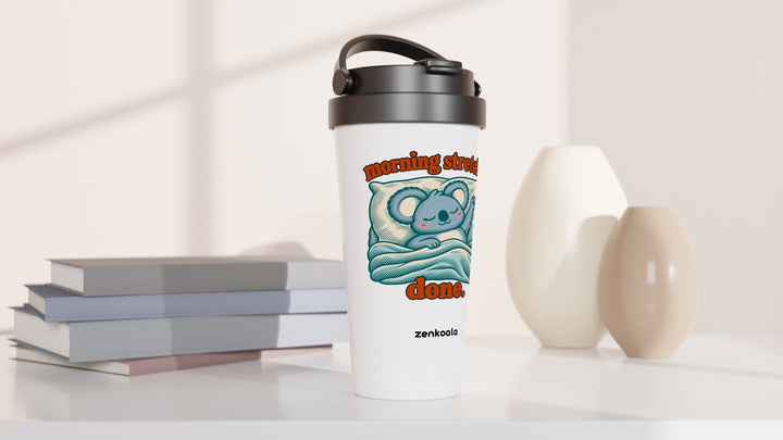 Morning Stretches Done travel mug beside books and vases, Zen Koala Australia