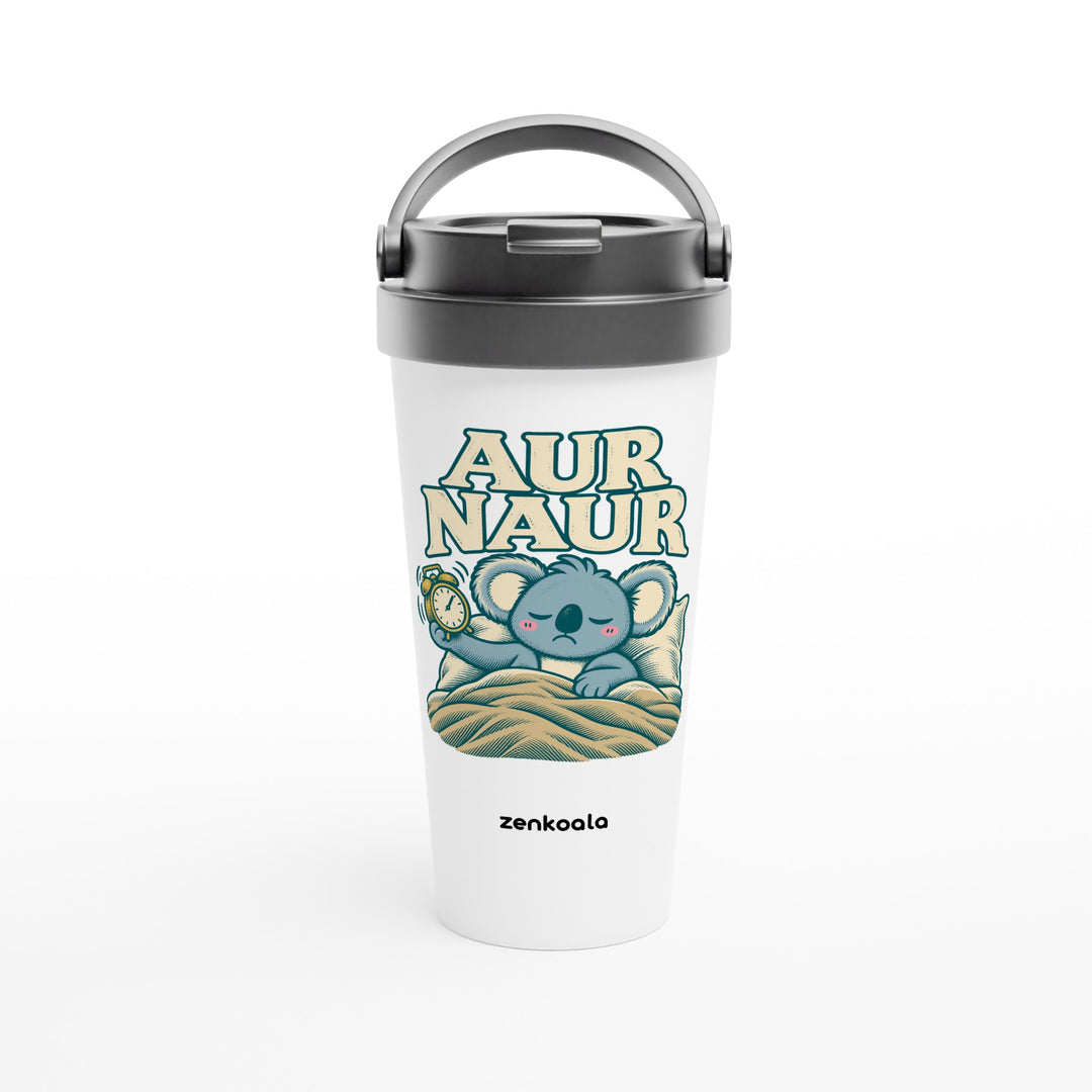 Aur Naur feel-good travel mug: a betrayed koala holding a ringing alarm clock, Zen Koala Australia
