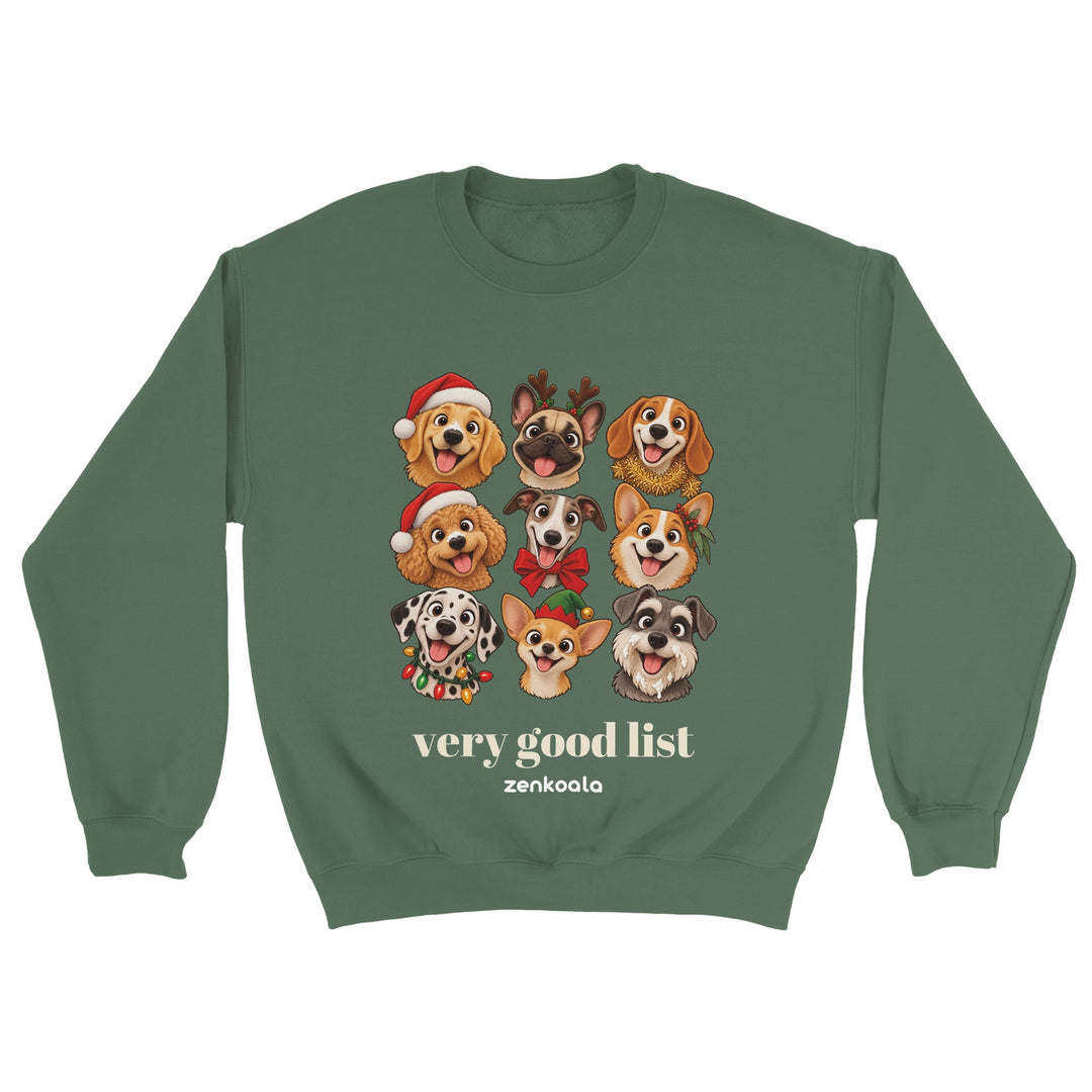 Very Good List feel-good sweatshirt in military green: a crew of Christmas dogs, Zen Koala Australia
