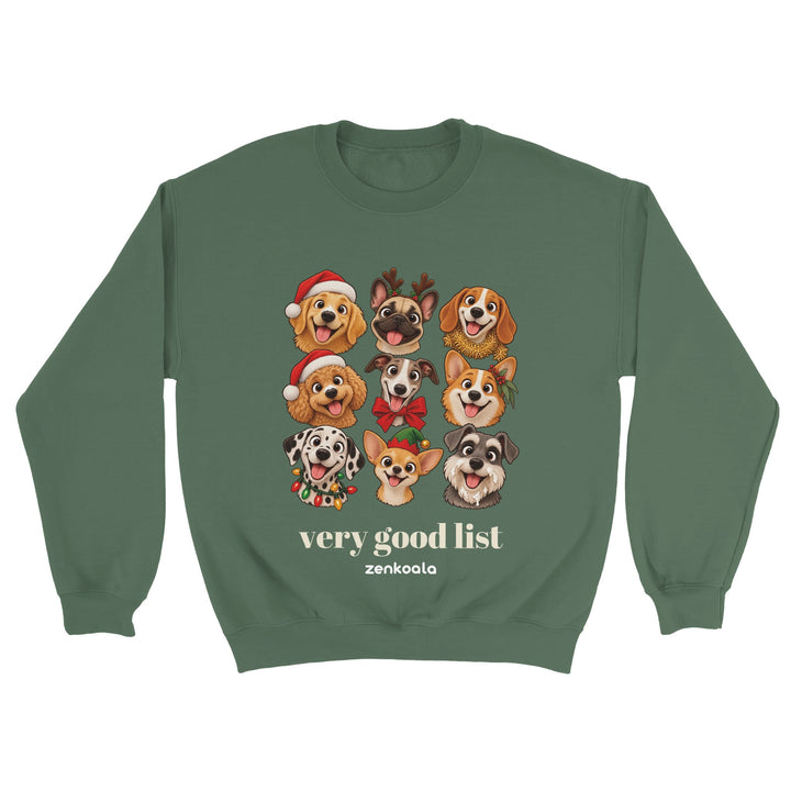 Very Good List feel-good sweatshirt in military green: a crew of Christmas dogs, Zen Koala Australia