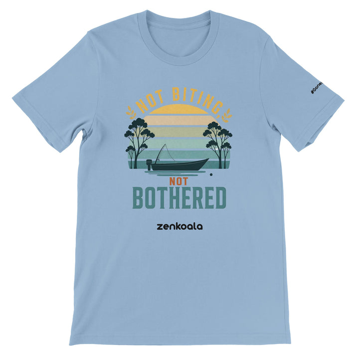 Not Biting Not Bothered feel-good tee in light blue — Zen Koala Australia