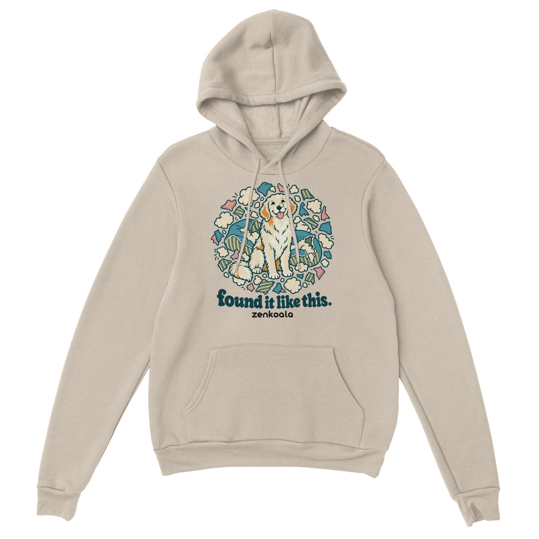 Found It Like This feel-good hoodie in sand: an innocent dog in a cloud of cushion fluff, Zen Koala Australia