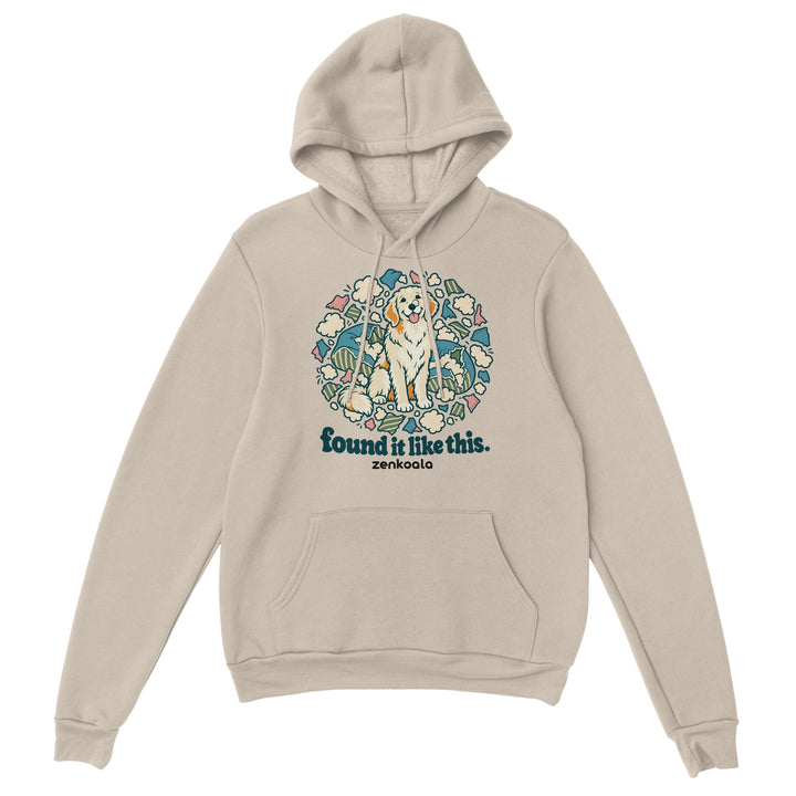 Found It Like This feel-good hoodie in sand: an innocent dog in a cloud of cushion fluff, Zen Koala Australia