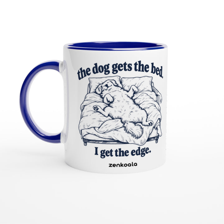 The Dog Gets the Bed mug in blue: white with a blue rim, inside and handle, Zen Koala Australia