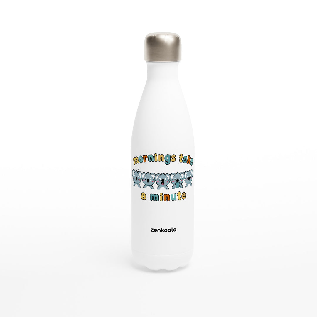 Mornings Take a Minute feel-good water bottle: five koalas waking up in stages, Zen Koala Australia