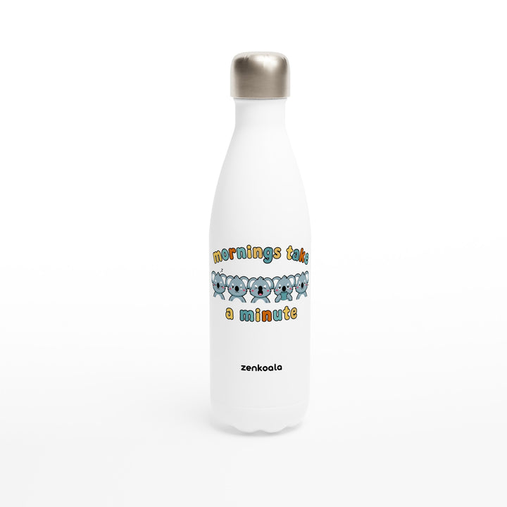 Mornings Take a Minute feel-good water bottle: five koalas waking up in stages, Zen Koala Australia