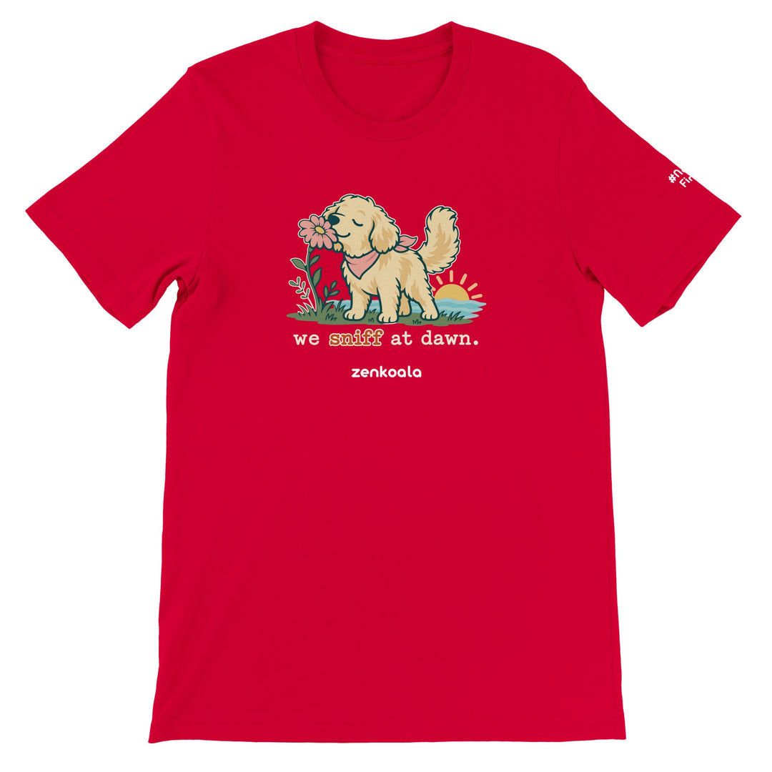We Sniff at Dawn feel-good tee in red, Zen Koala Australia