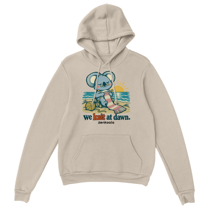 We Knit at Dawn feel-good hoodie in sand, Zen Koala Australia