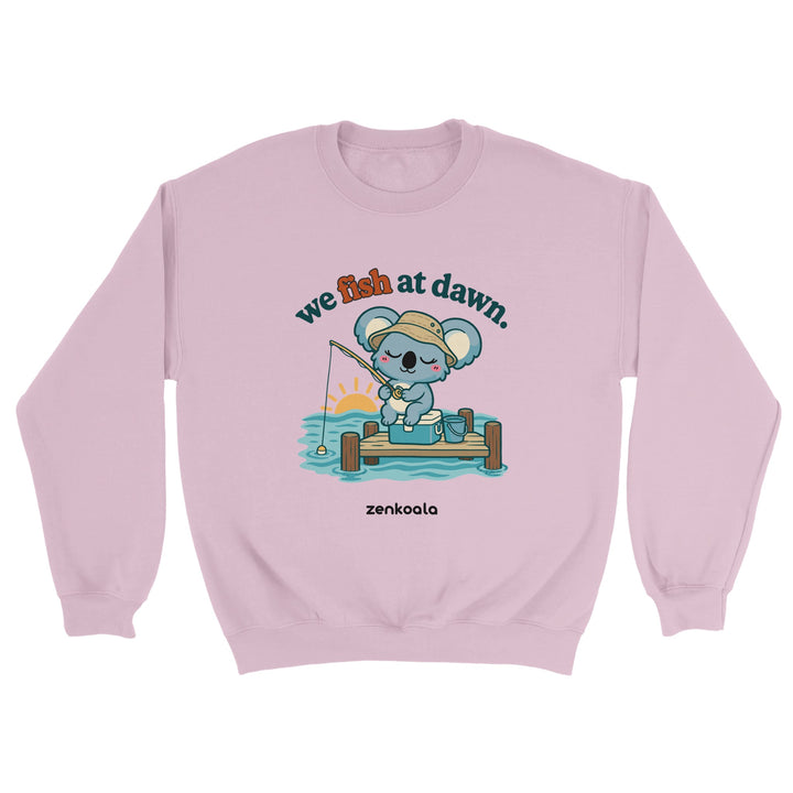 We Fish at Dawn feel-good sweatshirt in light pink, Zen Koala Australia