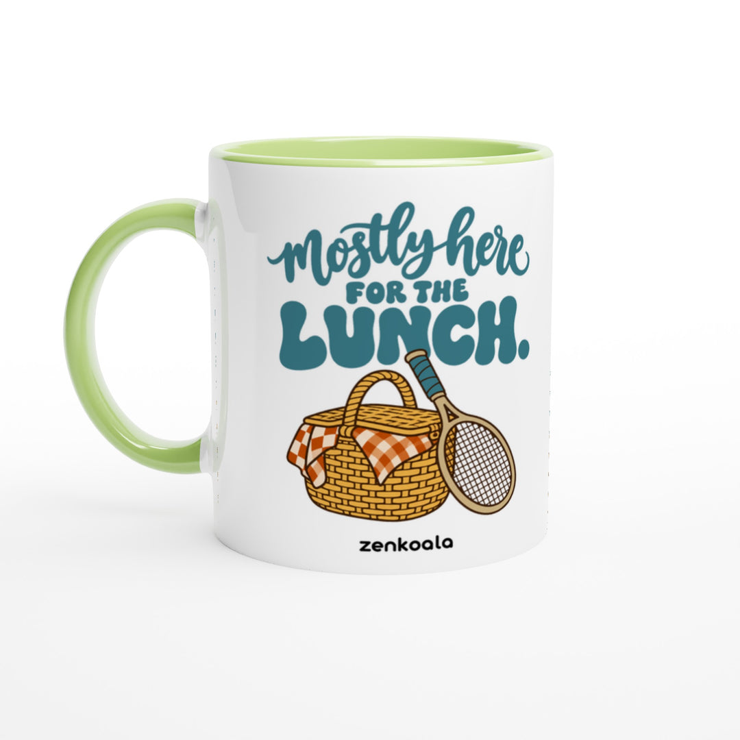 Mostly Here for the Lunch mug in green: white with a green rim, inside and handle, Zen Koala Australia