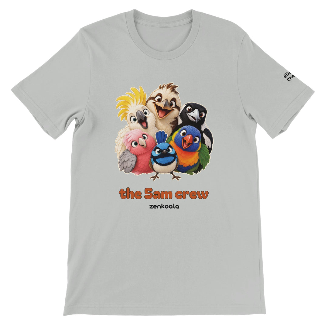 The 5am Crew feel-good tee in silver: a noisy gang of Aussie birds, Zen Koala Australia