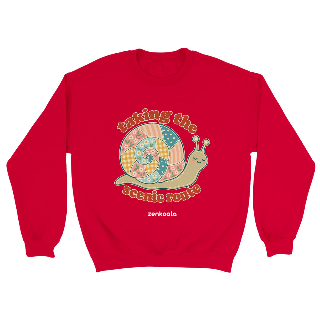 Taking the Scenic Route Snail feel-good sweatshirt in red, Zen Koala Australia