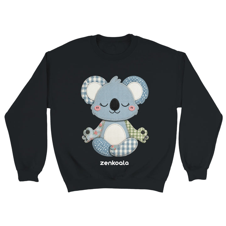 Faux Patchwork Meditating Koala feel-good sweatshirt in Black — Zen Koala Australia