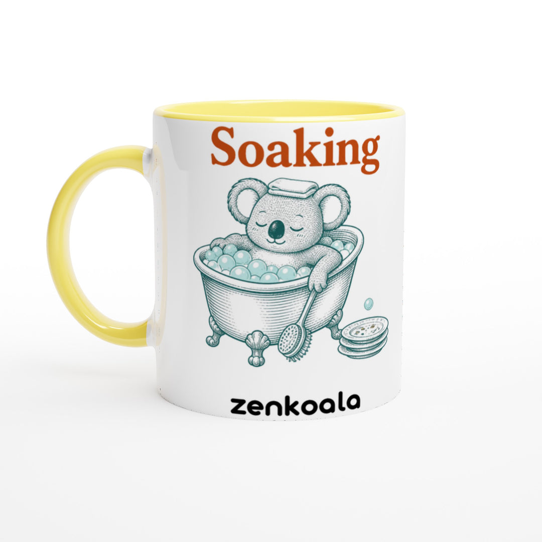 Soaking Koala Bath mug in yellow: white with a yellow rim, inside and handle, Zen Koala Australia