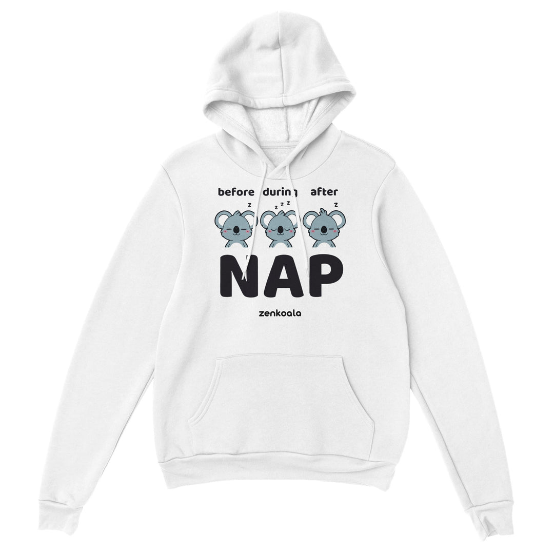 Before Nap Nap After Nap Koala feel-good hoodie in white, Zen Koala Australia