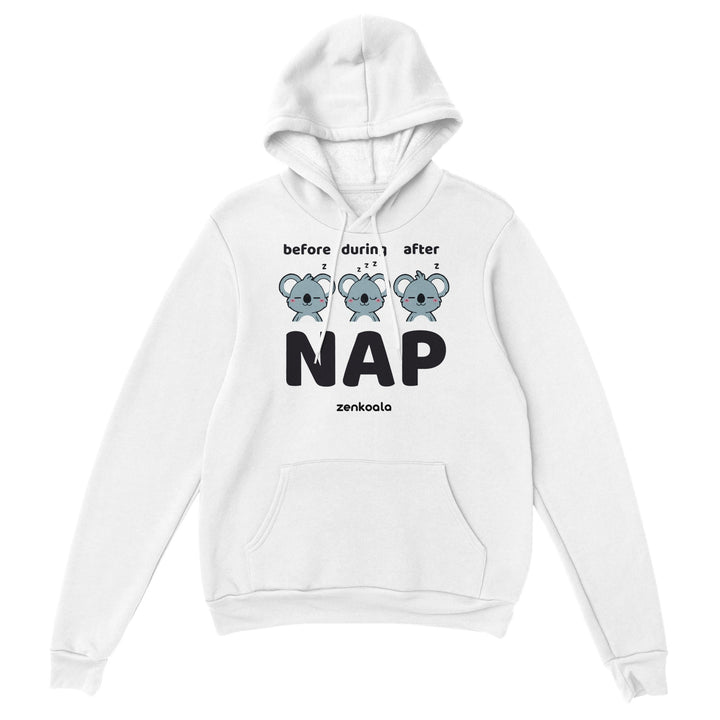 Before Nap Nap After Nap Koala feel-good hoodie in white, Zen Koala Australia