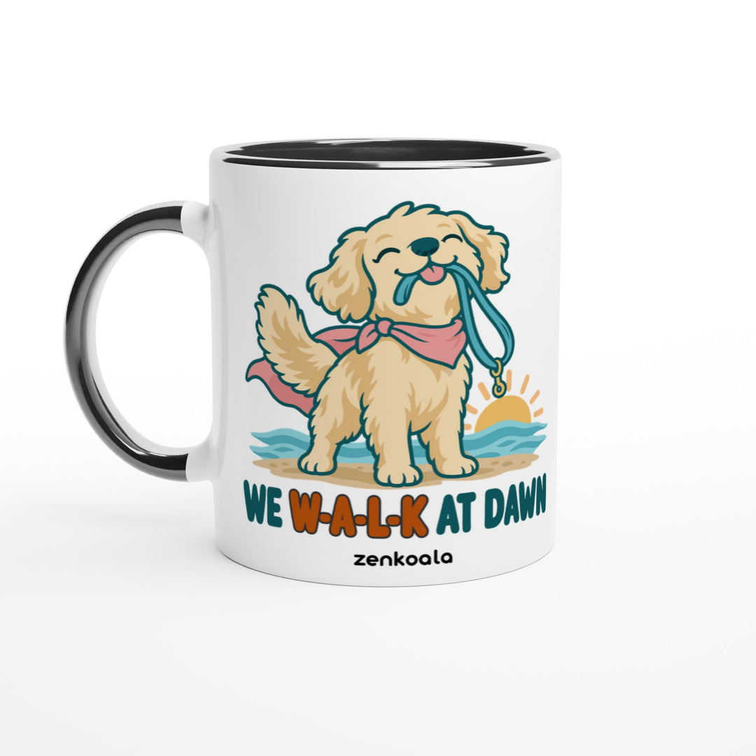 We Walk at Dawn feel-good mug: a golden retriever with its lead, Zen Koala Australia