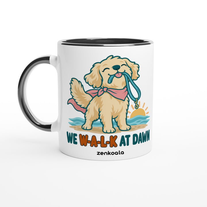 We Walk at Dawn feel-good mug: a golden retriever with its lead, Zen Koala Australia