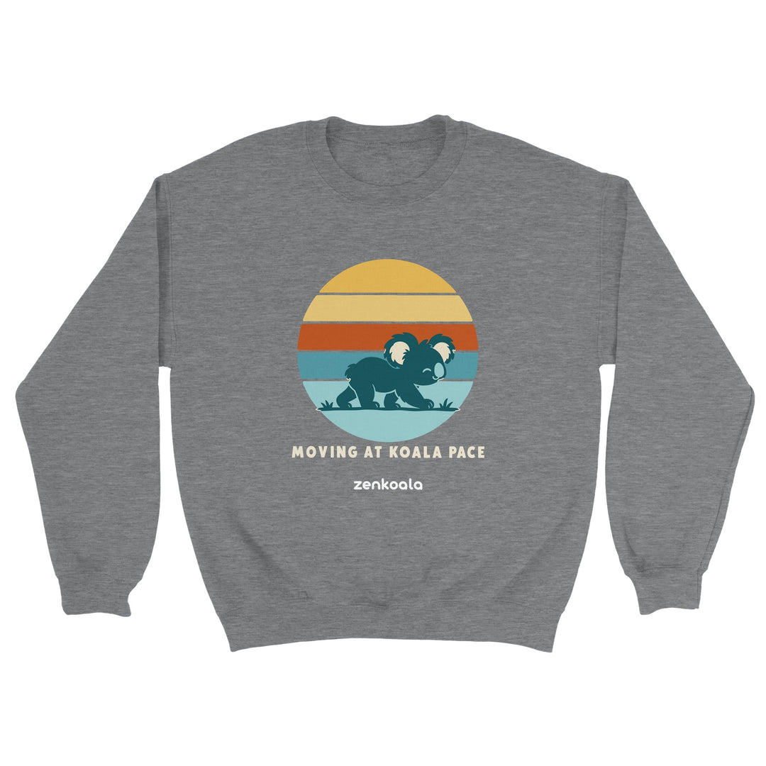 Moving at Koala Pace feel-good sweatshirt in sport grey: a koala strolling across a retro sunset, Zen Koala Australia