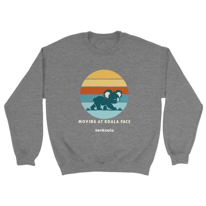 Moving at Koala Pace feel-good sweatshirt in sport grey: a koala strolling across a retro sunset, Zen Koala Australia