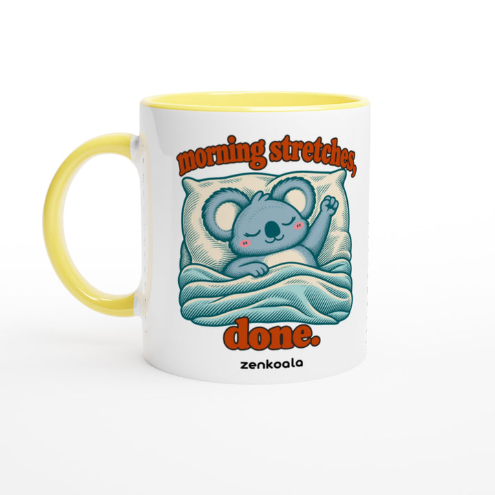 Morning Stretches Done feel-good mug: a koala in bed giving one big stretch, Zen Koala Australia