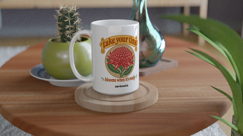 Take Your Time 15oz mug on a wooden table with a cactus, Zen Koala Australia