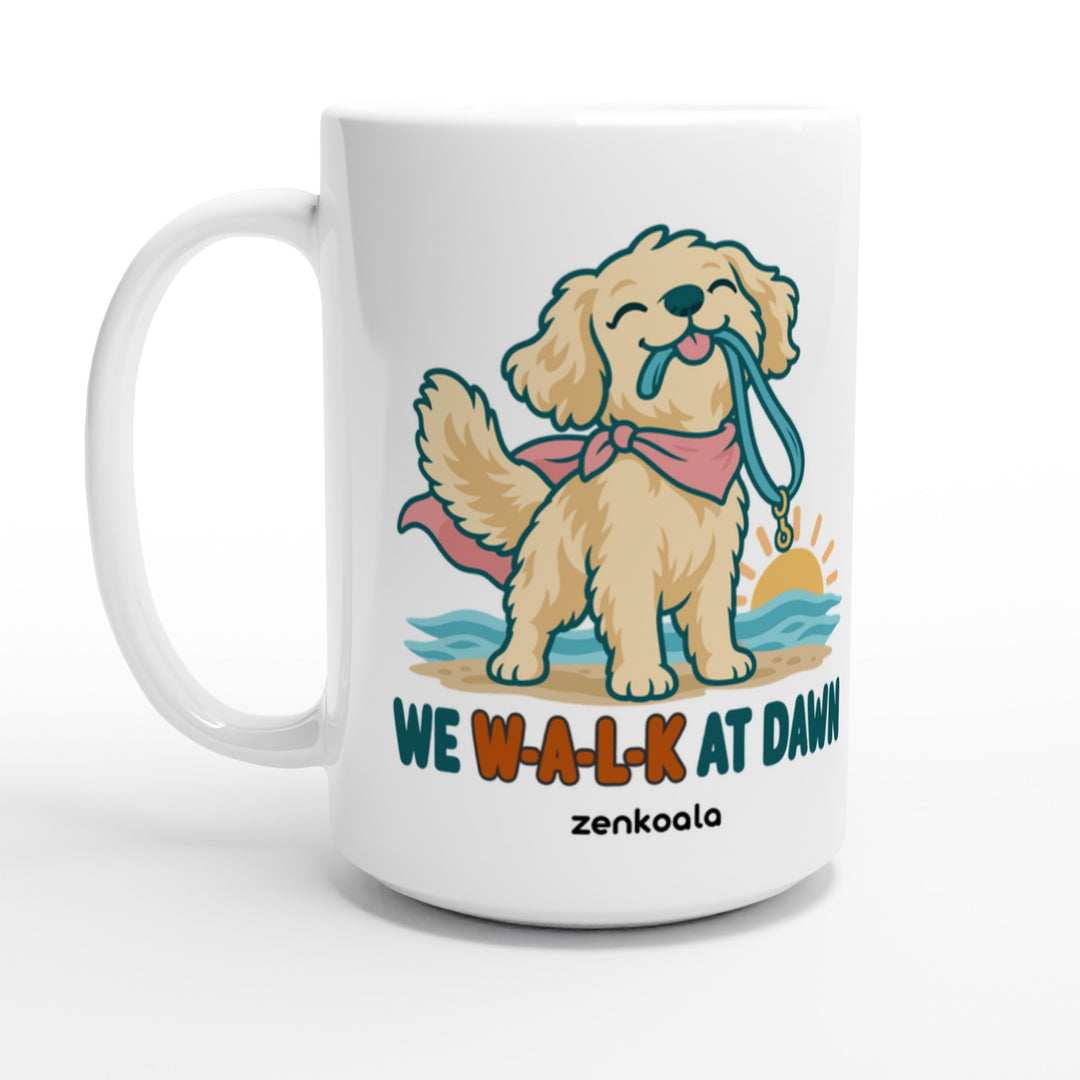 We Walk at Dawn feel-good 15oz mug: a golden retriever with its lead, Zen Koala Australia