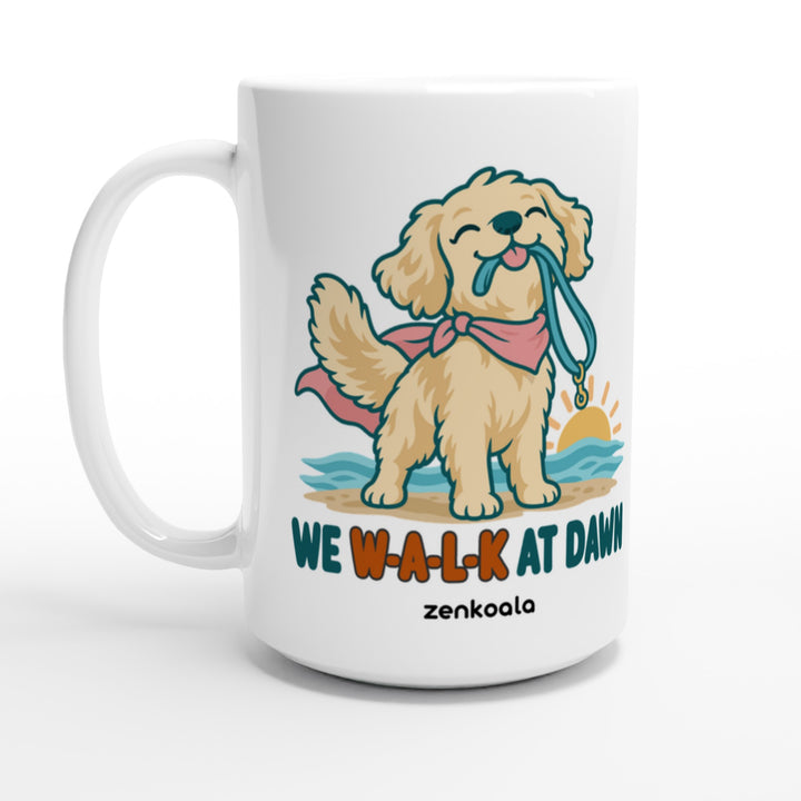 We Walk at Dawn feel-good 15oz mug: a golden retriever with its lead, Zen Koala Australia