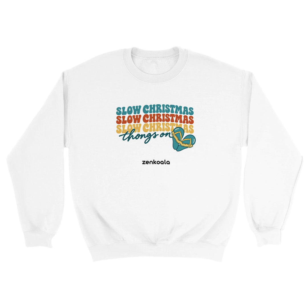 Slow Christmas Thongs On feel-good sweatshirt in white: retro Christmas lettering with a heart of thongs, Zen Koala Australia