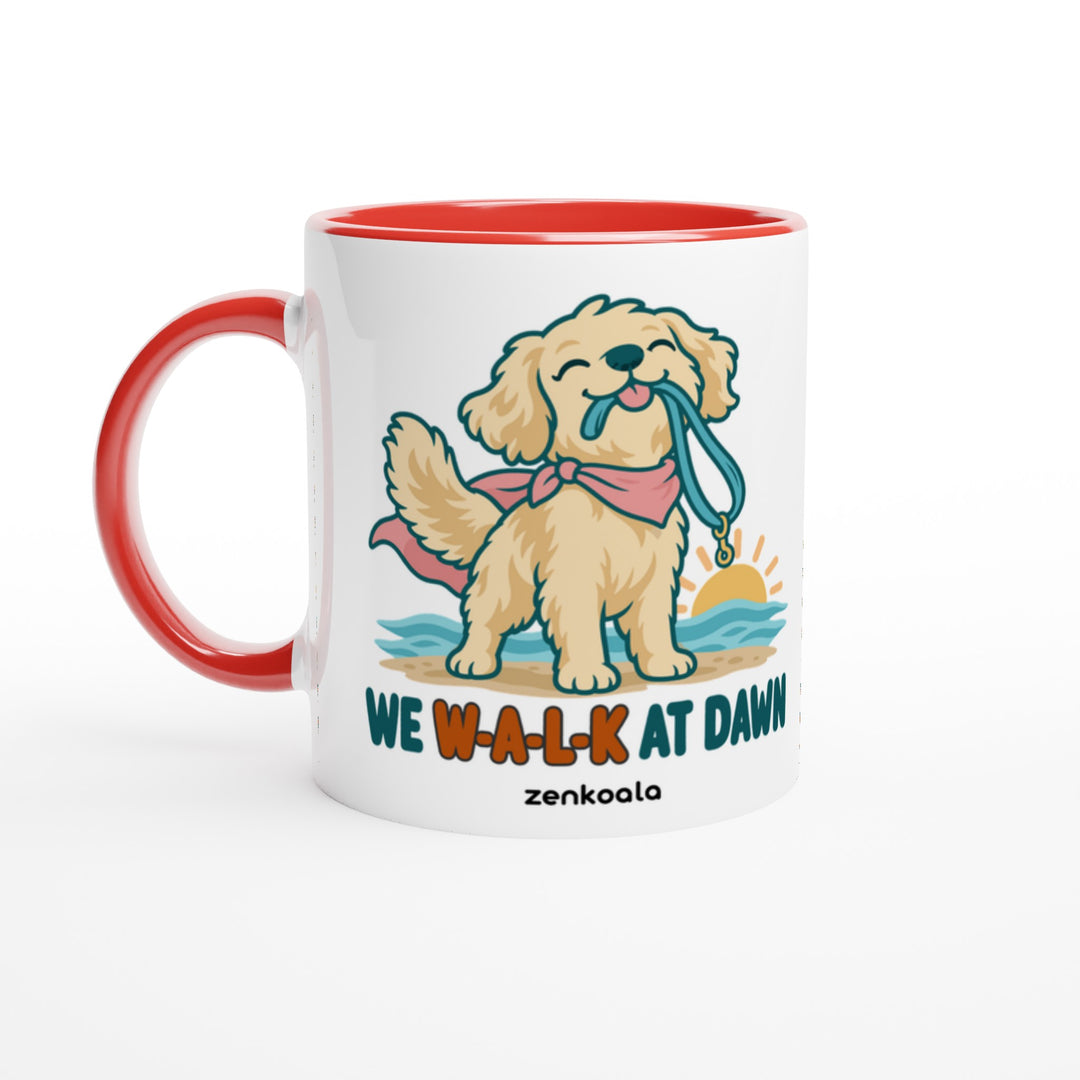 We Walk at Dawn mug in red: white with a red rim, inside and handle, Zen Koala Australia