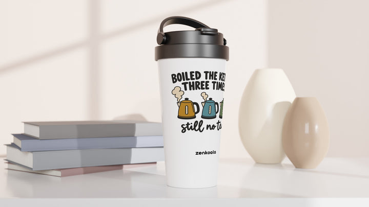 Boiled the Kettle Three Times travel mug beside books and vases, Zen Koala Australia