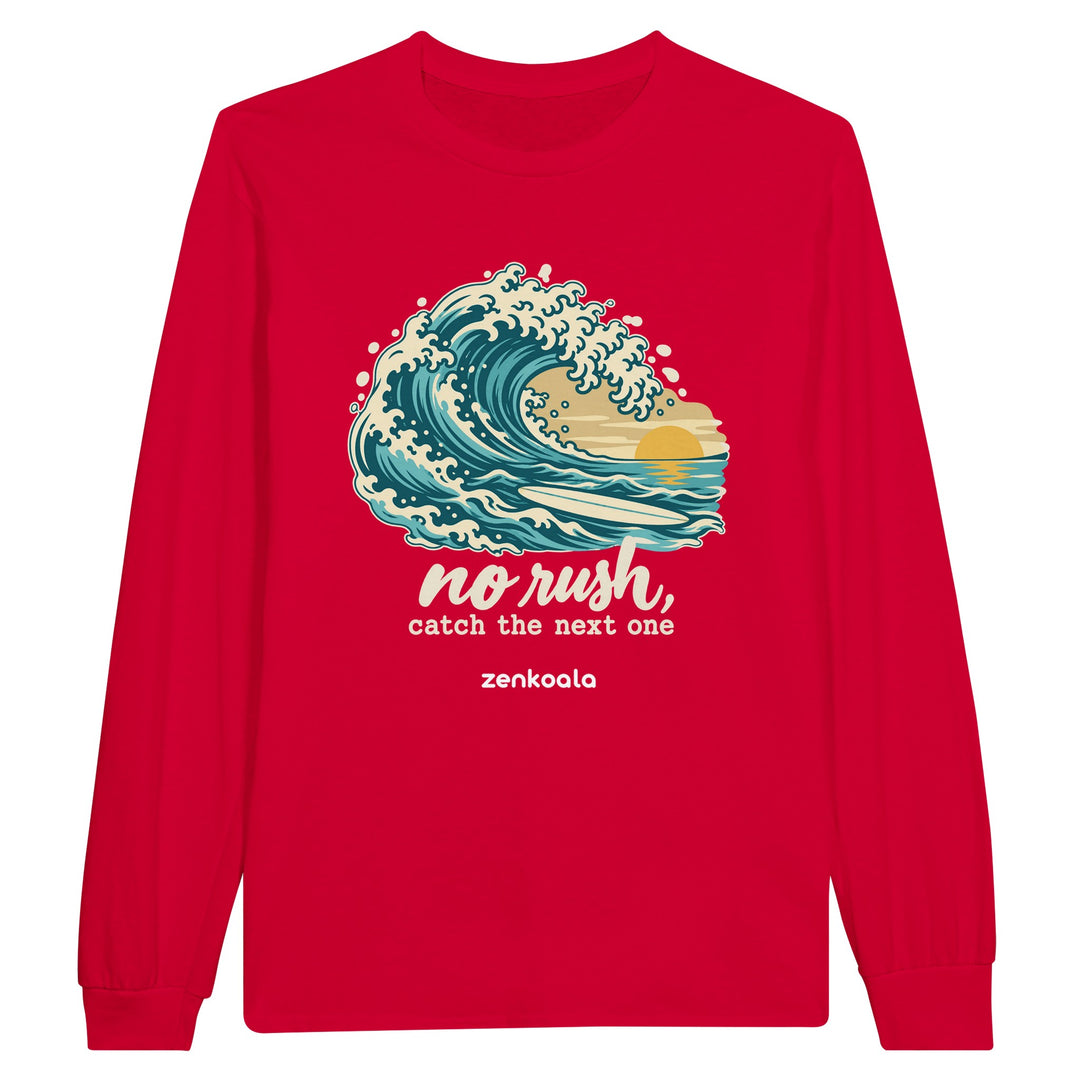 No Rush Catch the Next One feel-good long sleeve tee in red, Zen Koala Australia