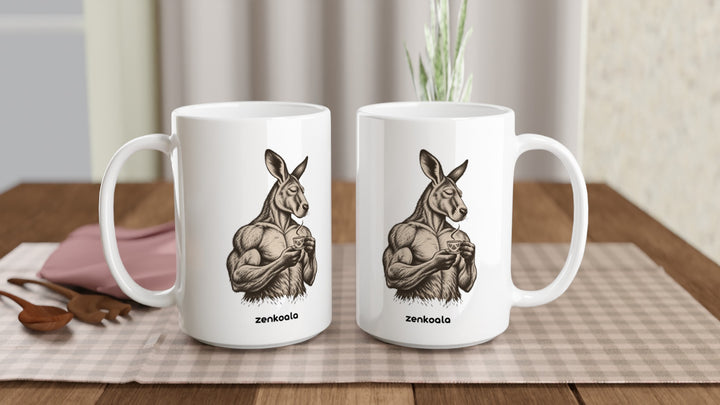 Two Buff Roo Teacup 15oz mugs on a table, showing both sides of the design, Zen Koala Australia