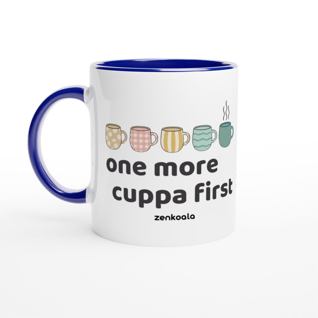 One More Cuppa First mug in blue: white with a blue rim, inside and handle, Zen Koala Australia