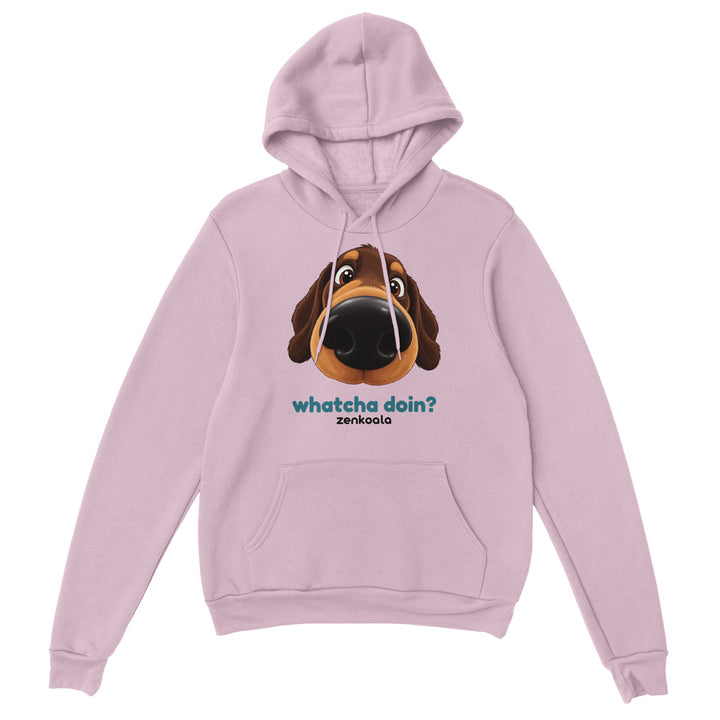 Whatcha Doin? feel-good hoodie in light pink, Zen Koala Australia