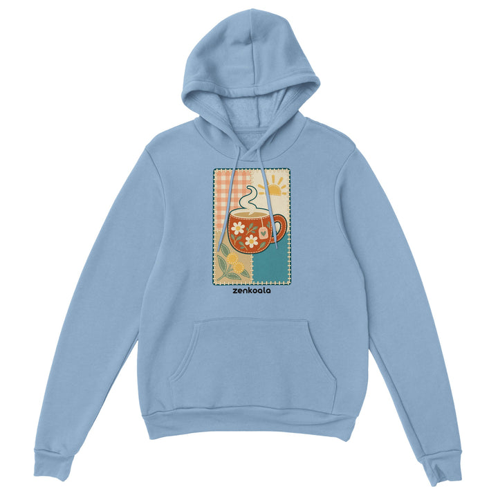 Cuppa Quilt feel-good hoodie in light blue, Zen Koala Australia