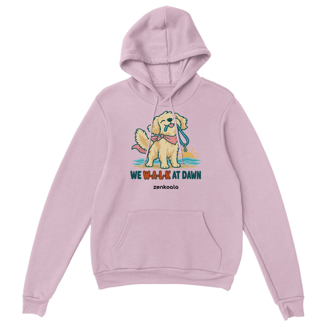 We Walk at Dawn feel-good hoodie in light pink: a golden retriever with its lead, Zen Koala Australia