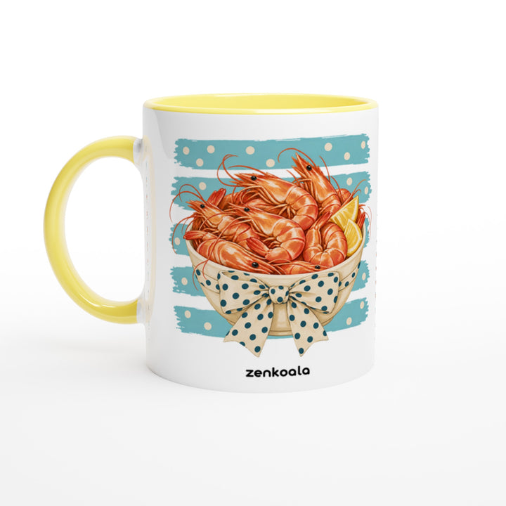 Prawns mug in yellow: white with a yellow rim, inside and handle, Zen Koala Australia