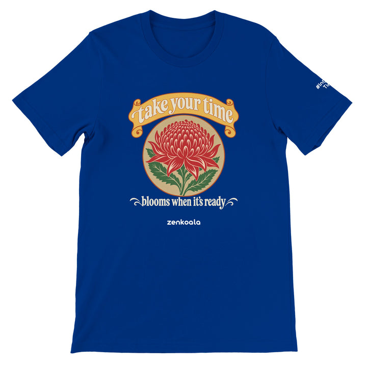 Take Your Time feel-good tee in true royal, Zen Koala Australia