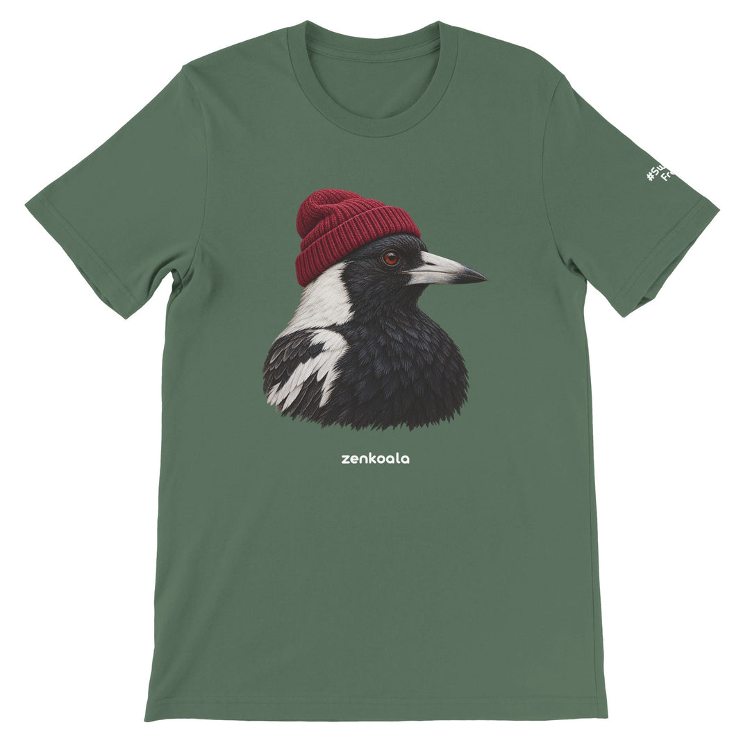 Magpie Beanie feel-good tee in military green, Zen Koala Australia