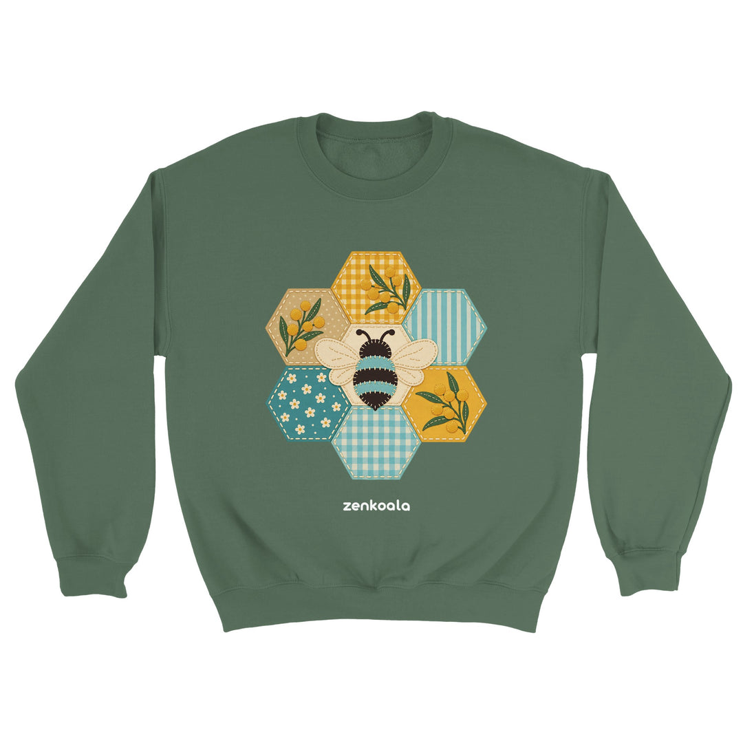 Honeycomb Bee feel-good sweatshirt in military green, Zen Koala Australia