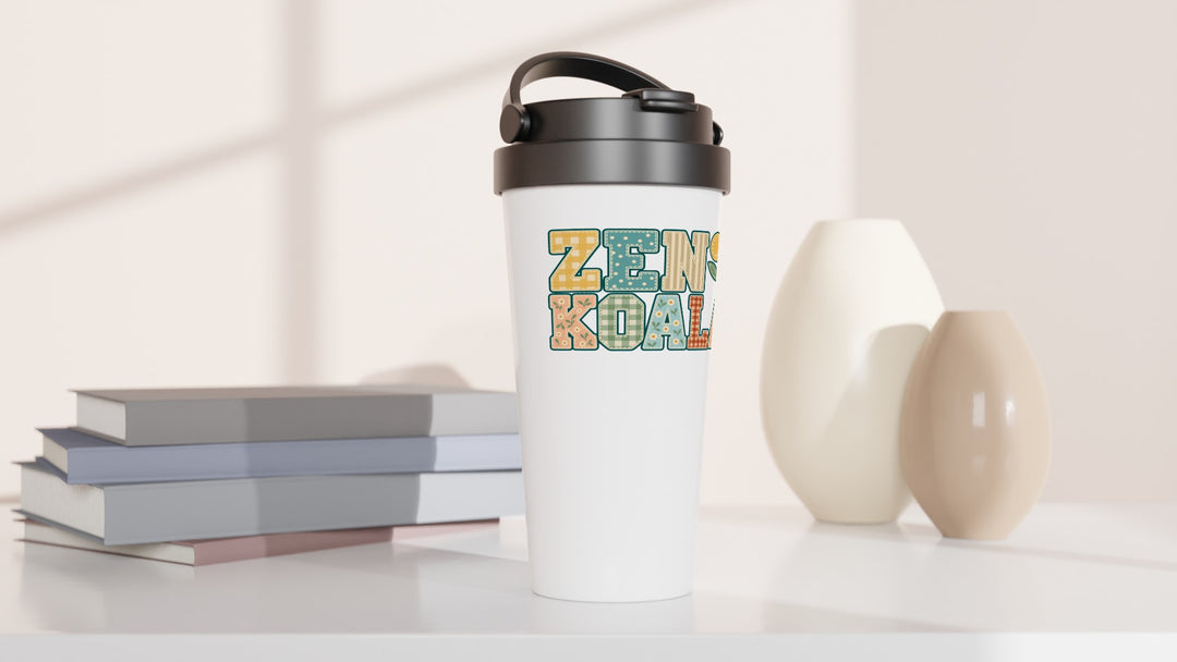 Zen Koala Faux Patchwork travel mug beside books and vases, Zen Koala Australia