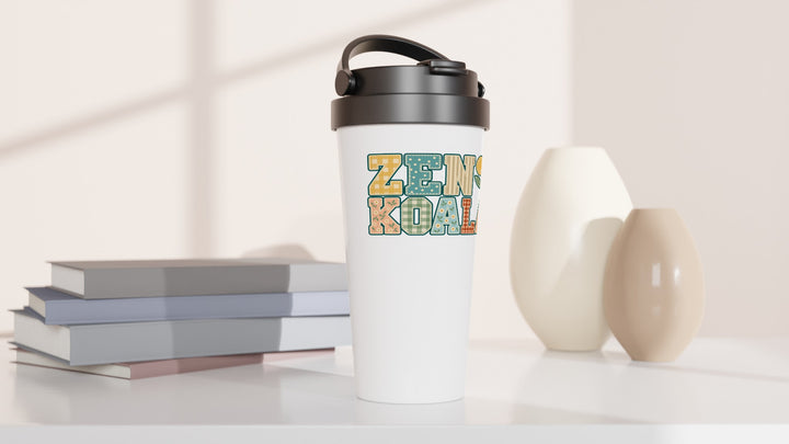 Zen Koala Faux Patchwork travel mug beside books and vases, Zen Koala Australia